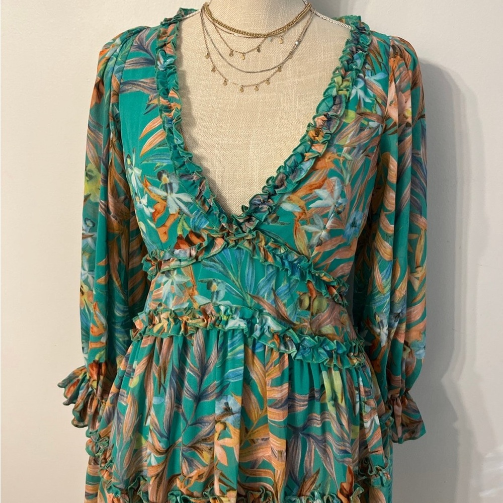 Teal Tropical Ruffle V-Neck Women’s Dress